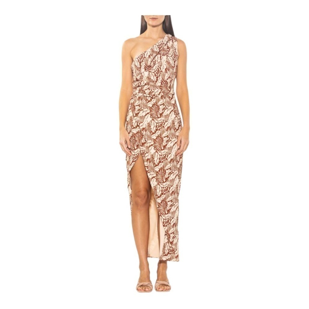 𝅺ALEXIA ADMOR Alessi Leaf-Print Draped One-Shoulder Slit Maxi Dress